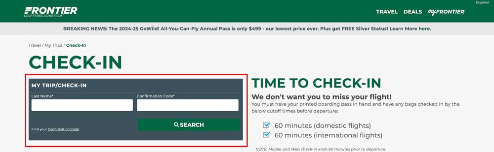 Frontier airlines check-in online